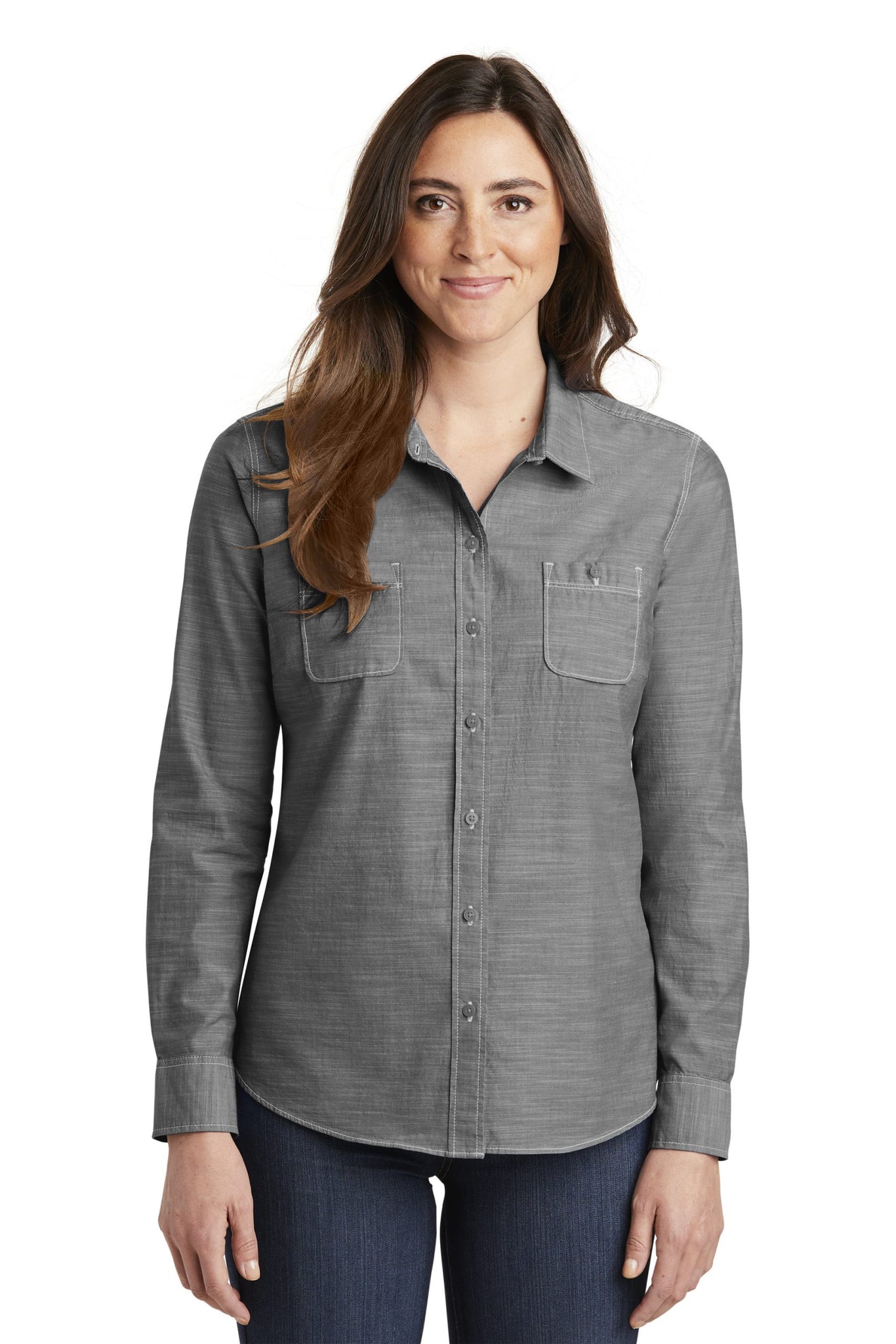 格安 Slub Ladies Authority® Port Chambray Headwear Talk Town – Shirt トップス